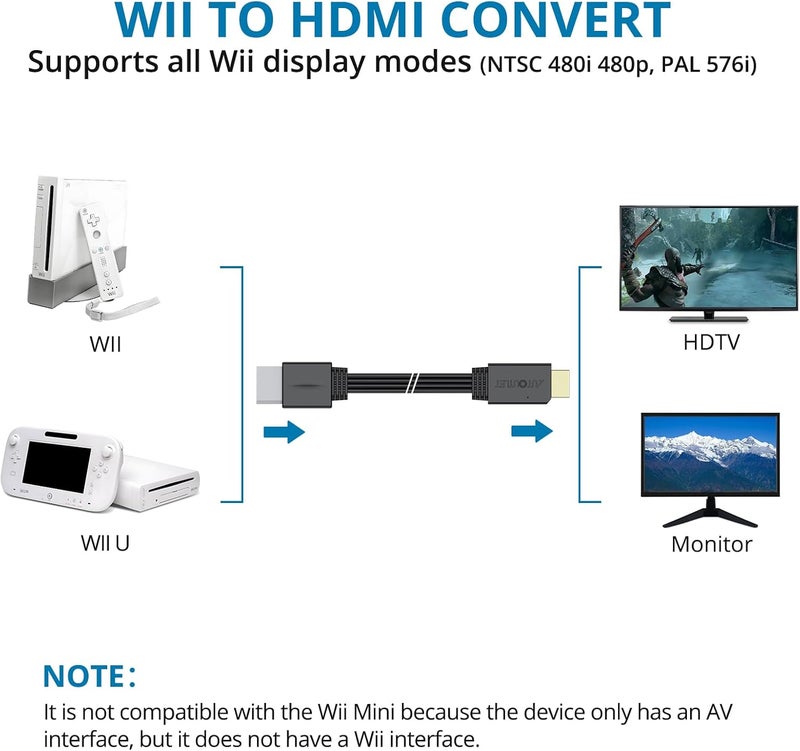 AUTOUTLET محول Wii إلى HDMI 1080P بطول 5 أقدام/150 سم لجهاز Full HD، محول مع كابل HDMI ذكر متوافق مع Wii وWii U وHDTV وشاشات - يدعم جميع أوضاع عرض Wii - Image 3